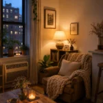 Cozy fall apartment living corner with warm lamp light and layered knit throw