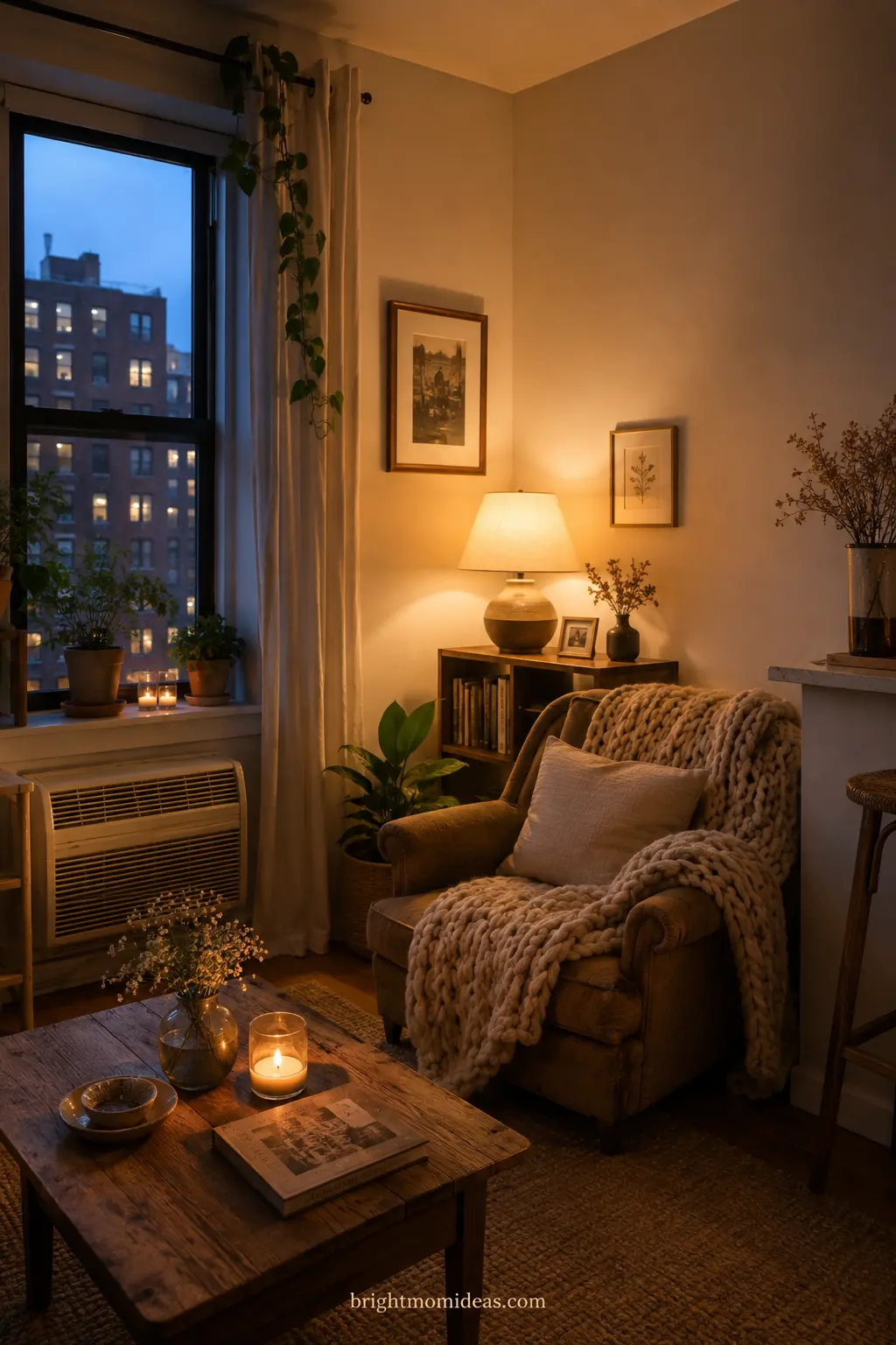Cozy fall apartment living corner with warm lamp light and layered knit throw
