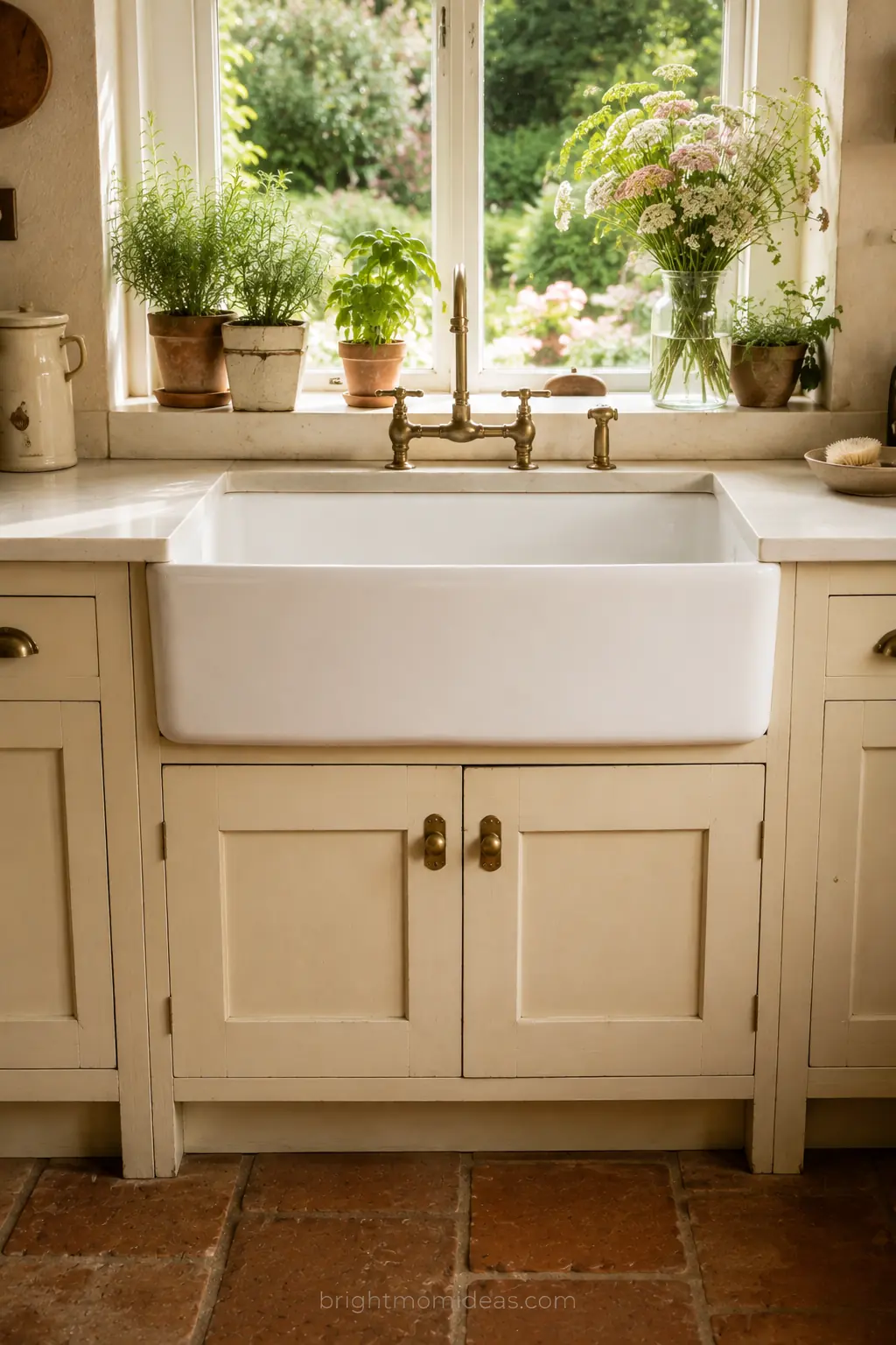 deep white ceramic apron front farmhouse
sink in english cottage kitchen with aged
brass bridge faucet and window above
showing cottage garden view