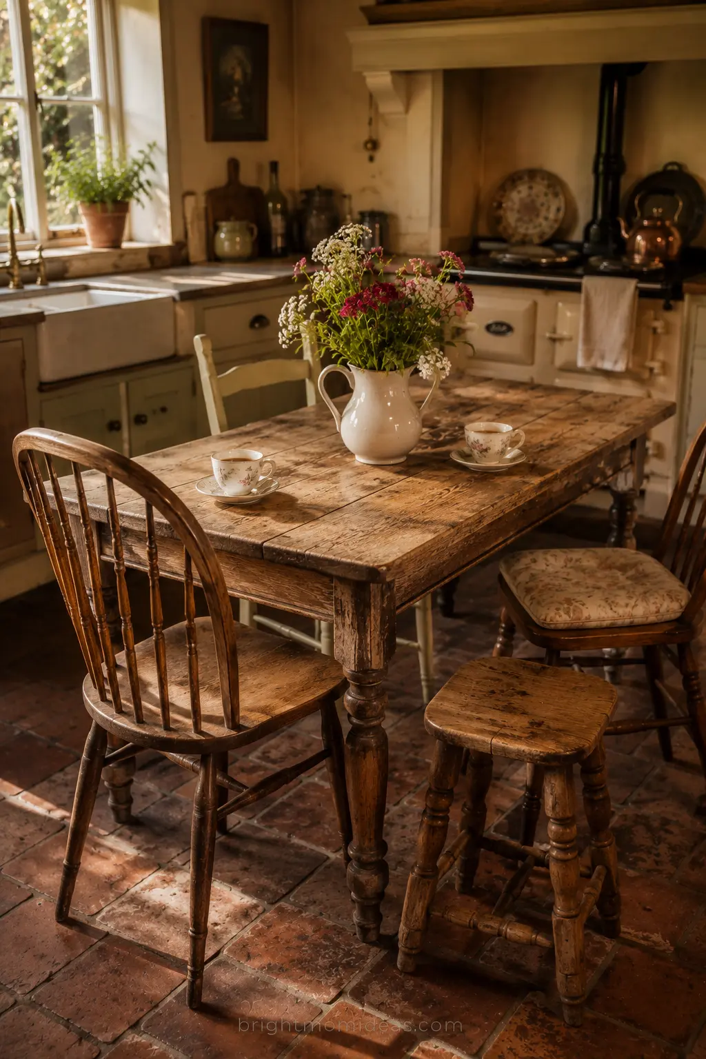 mismatched vintage chairs around scrubbed
pine farmhouse table in english cottage
kitchen eating area creating lived in
gathered over time domestic atmosphere