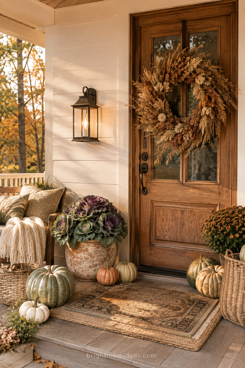 Fall front porch with layered pumpkins and warm lantern light at golden hour