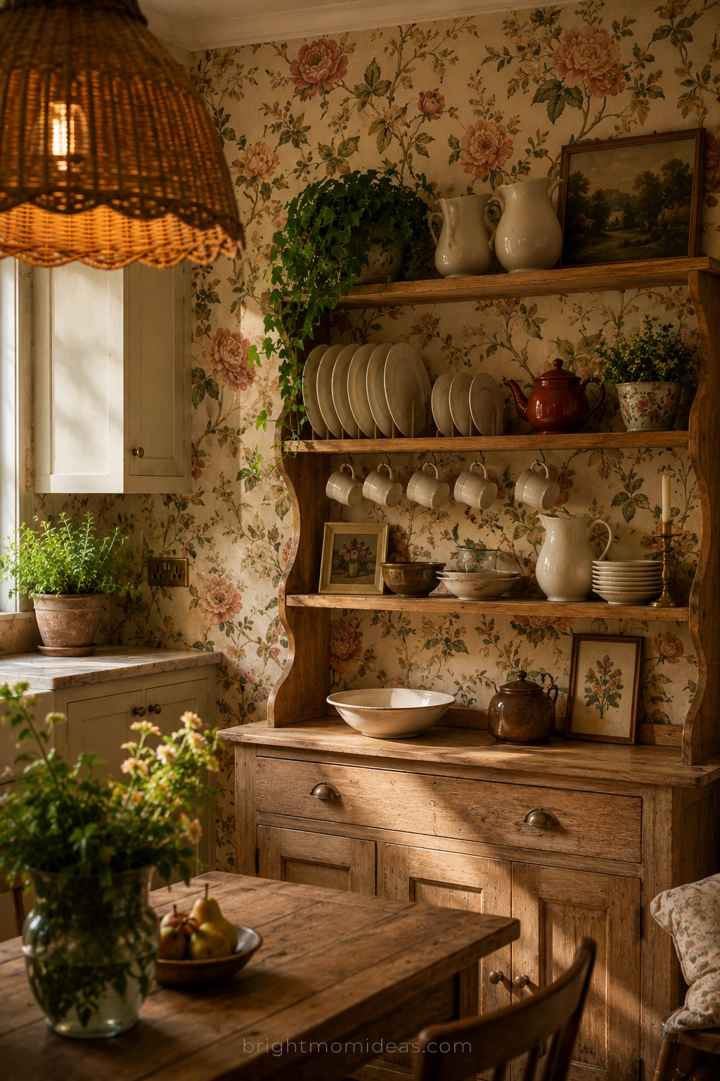 english cottage kitchen floral wallpaper
accent wall with soft botanical rose and
green pattern behind open shelving and
vintage crockery creating storybook quality