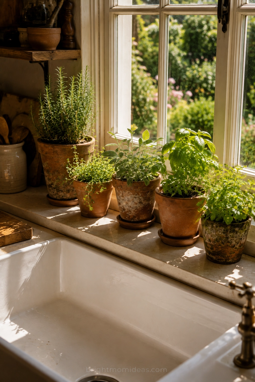 mismatched terracotta herb pots on kitchen
windowsill in english cottage kitchen with
rosemary thyme basil and sage above farmhouse
sink connecting kitchen to garden