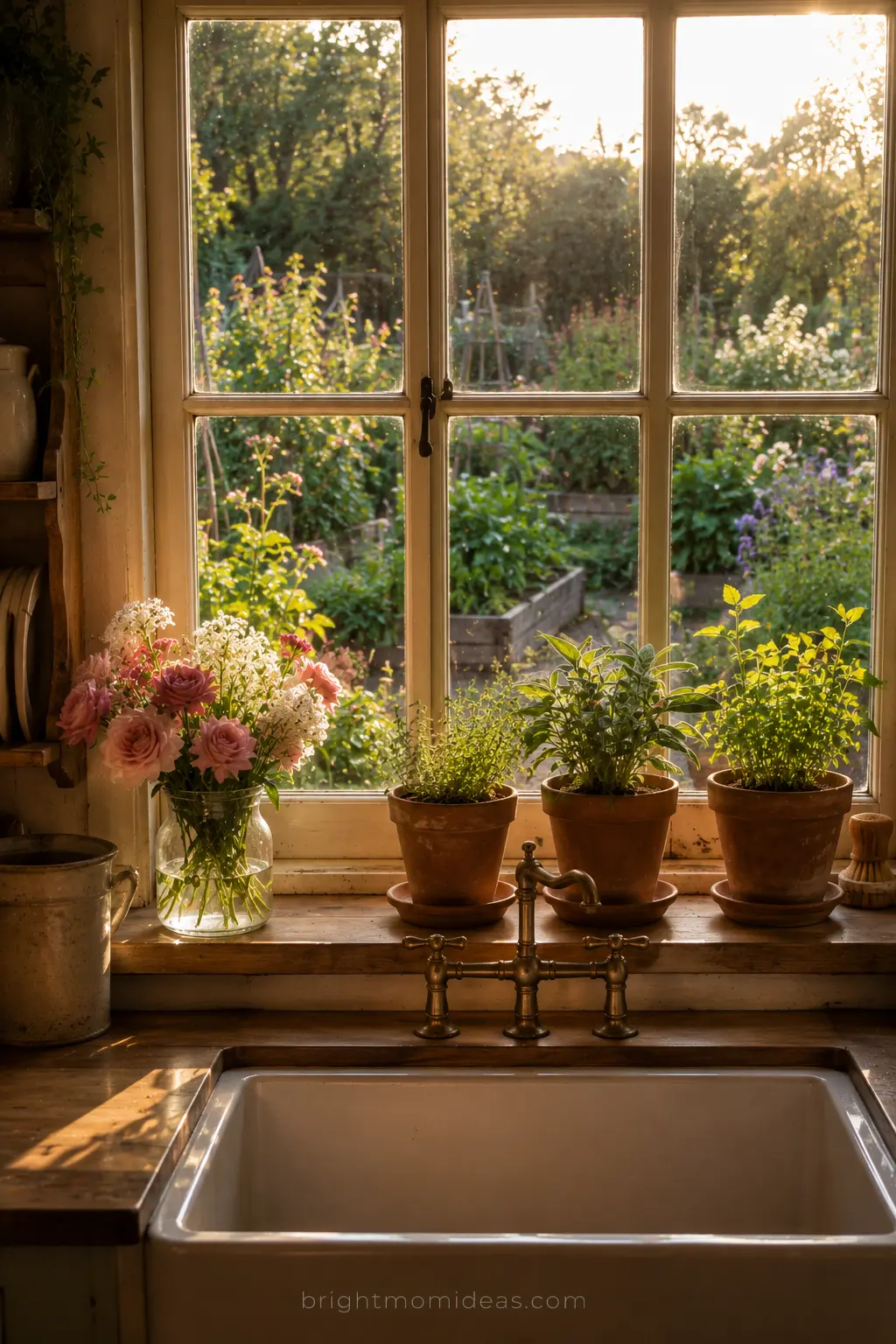 english cottage kitchen window with view
of kitchen garden and cottage garden outside
connecting cooking space to growing space
with herbs on windowsill bridging inside outside