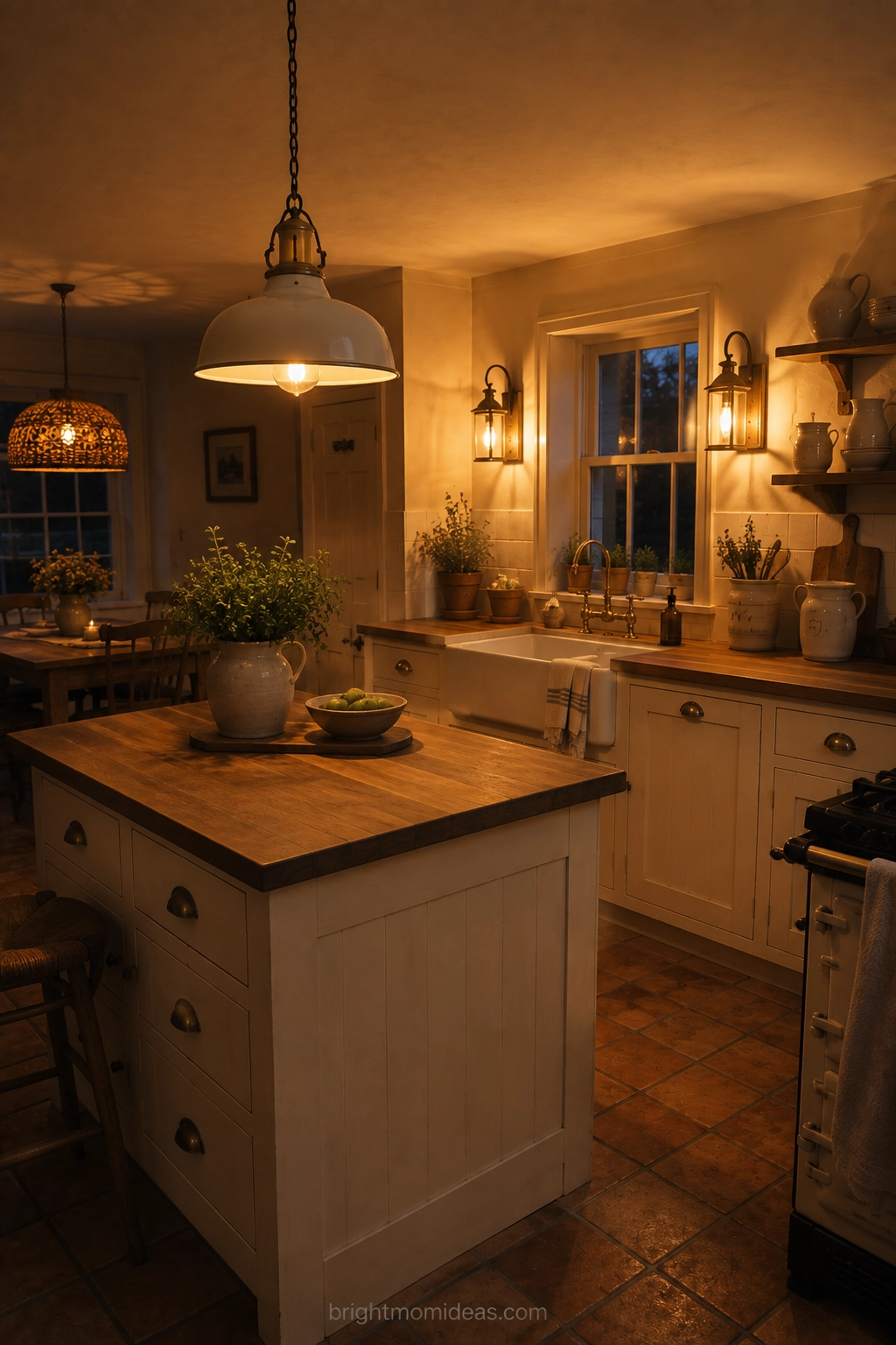 vintage enamel pendant lights and brass
lantern fixtures in english cottage kitchen
with warm amber 2700k bulbs creating
genuinely warm and characterful lighting