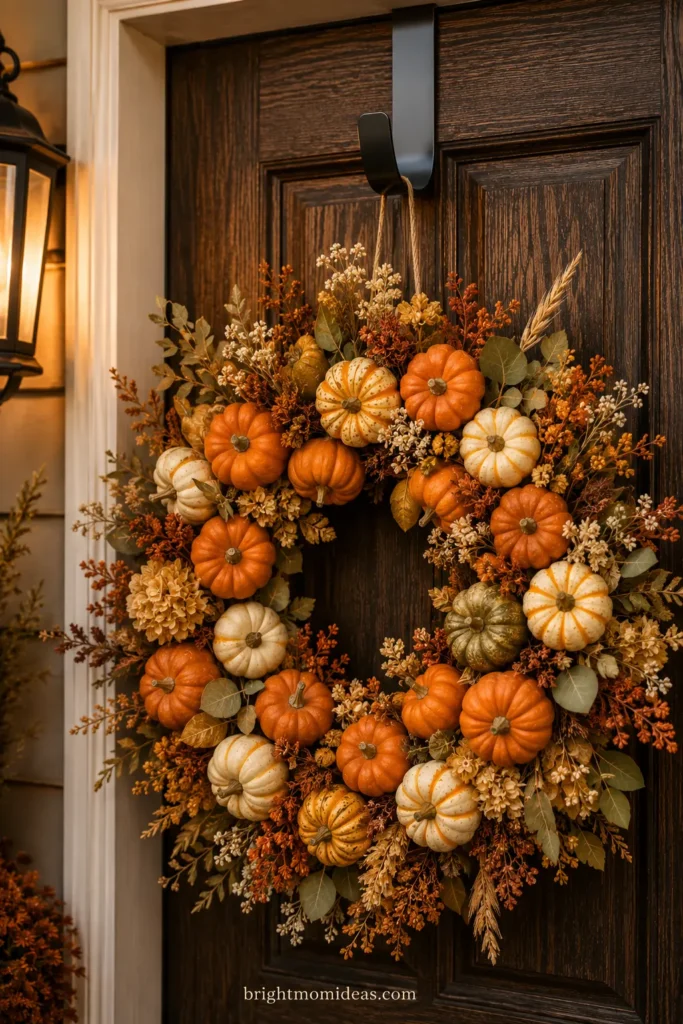 Dried floral pumpkin wreath on an over-the-door hook, no drilling
