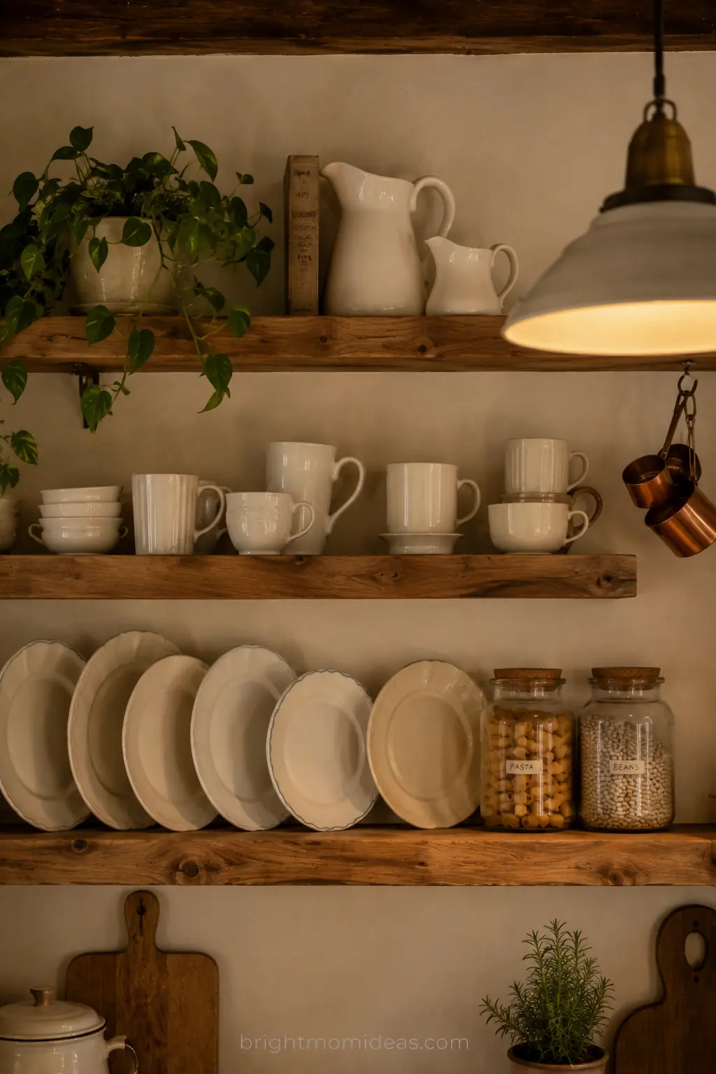 open wooden shelves in english cottage
kitchen filled with mismatched white and
cream ceramics glass jars copper pieces
and small trailing plant creating authentic display