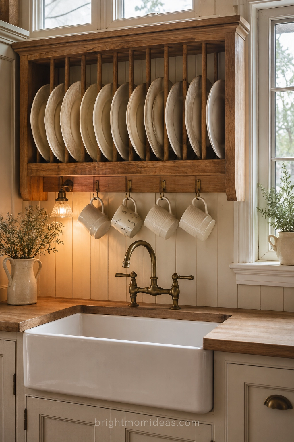 built in wooden plate rack above farmhouse
sink in english cottage kitchen holding
collection of white cream dinner plates
draining and displaying simultaneously