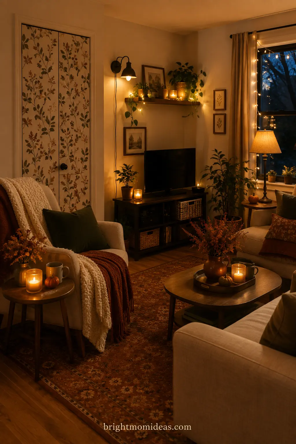 Cozy fall apartment living corner with warm lamp light and layered knit throw