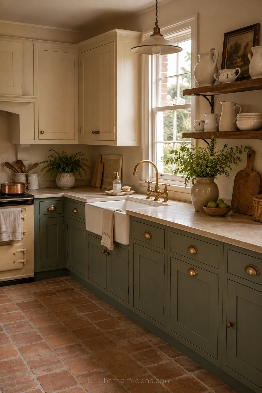 sage green lower cabinets with cream upper
cabinets in english cottage kitchen showing
two tone combination with aged brass hardware
and warm stone countertop between