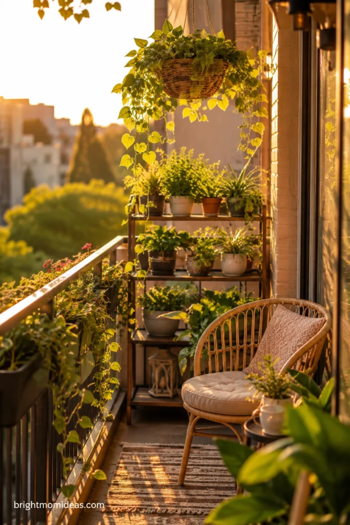 Sun-drenched apartment balcony styled with layered plants and warm fairy lights