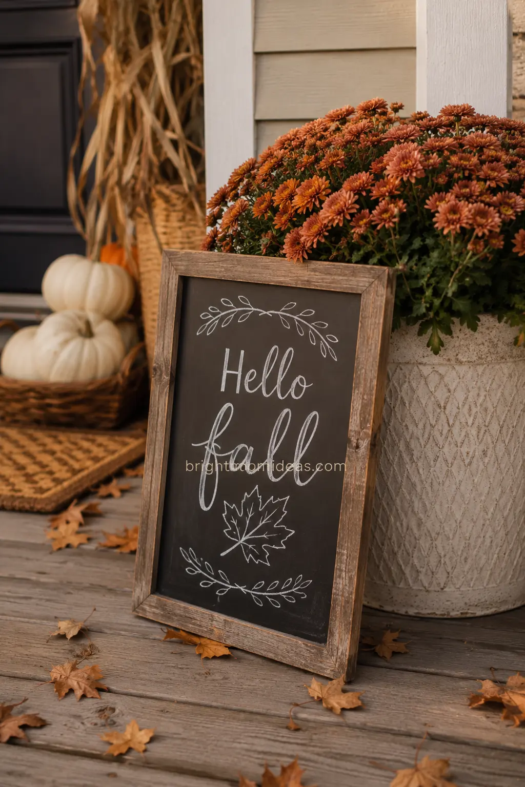 Leaning chalkboard welcome sign beside a mum-filled porch planter