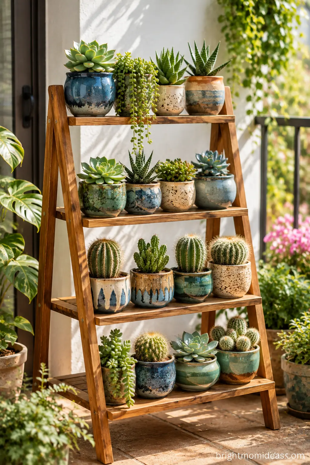 Four-tier plant stand filled with succulents and cacti in mismatched pots