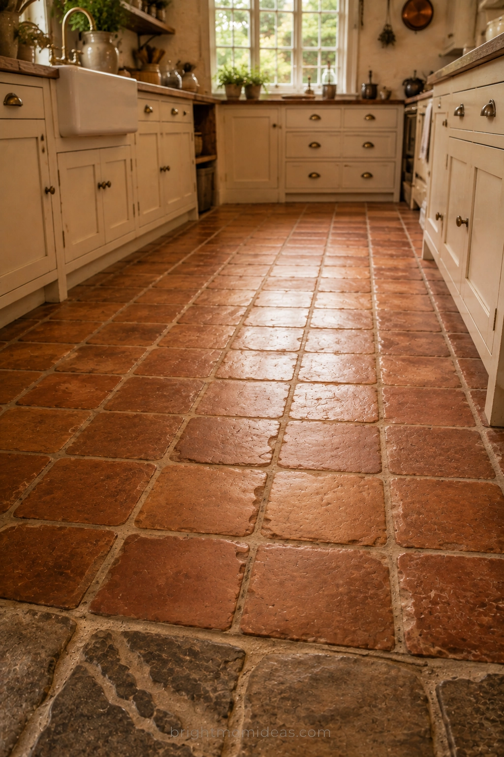 terracotta floor tiles in english cottage
kitchen with warm sand grout and slight
variation in color from tile to tile
showing centuries of traditional use