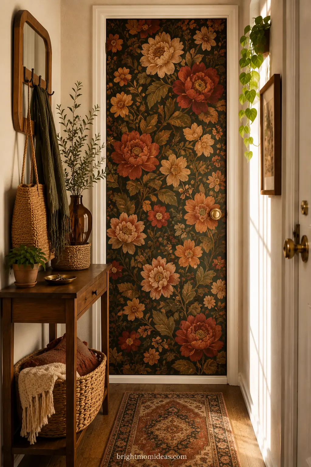 Botanical peel-and-stick wallpaper on a rental entryway closet door

