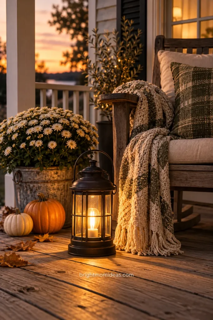 Warm-glow battery lantern beside a porch chair at dusk