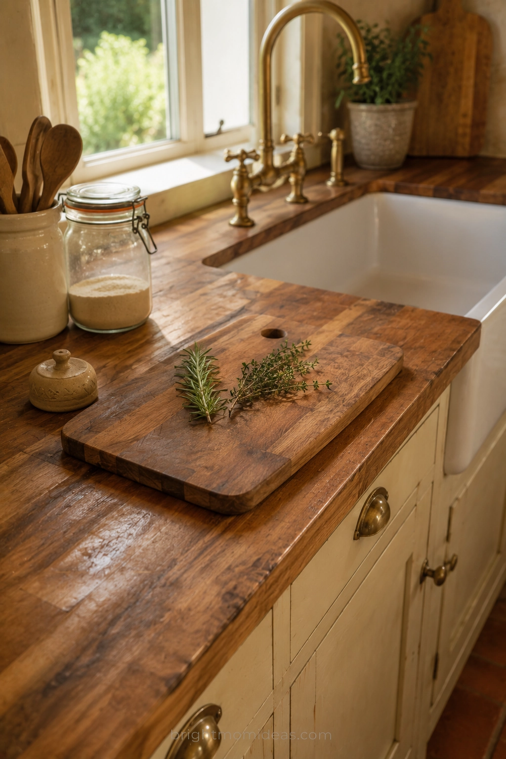 warm walnut butcher block countertop in
english cottage kitchen developing natural
patina beside cream shaker cabinets aged
brass hardware and farmhouse sink