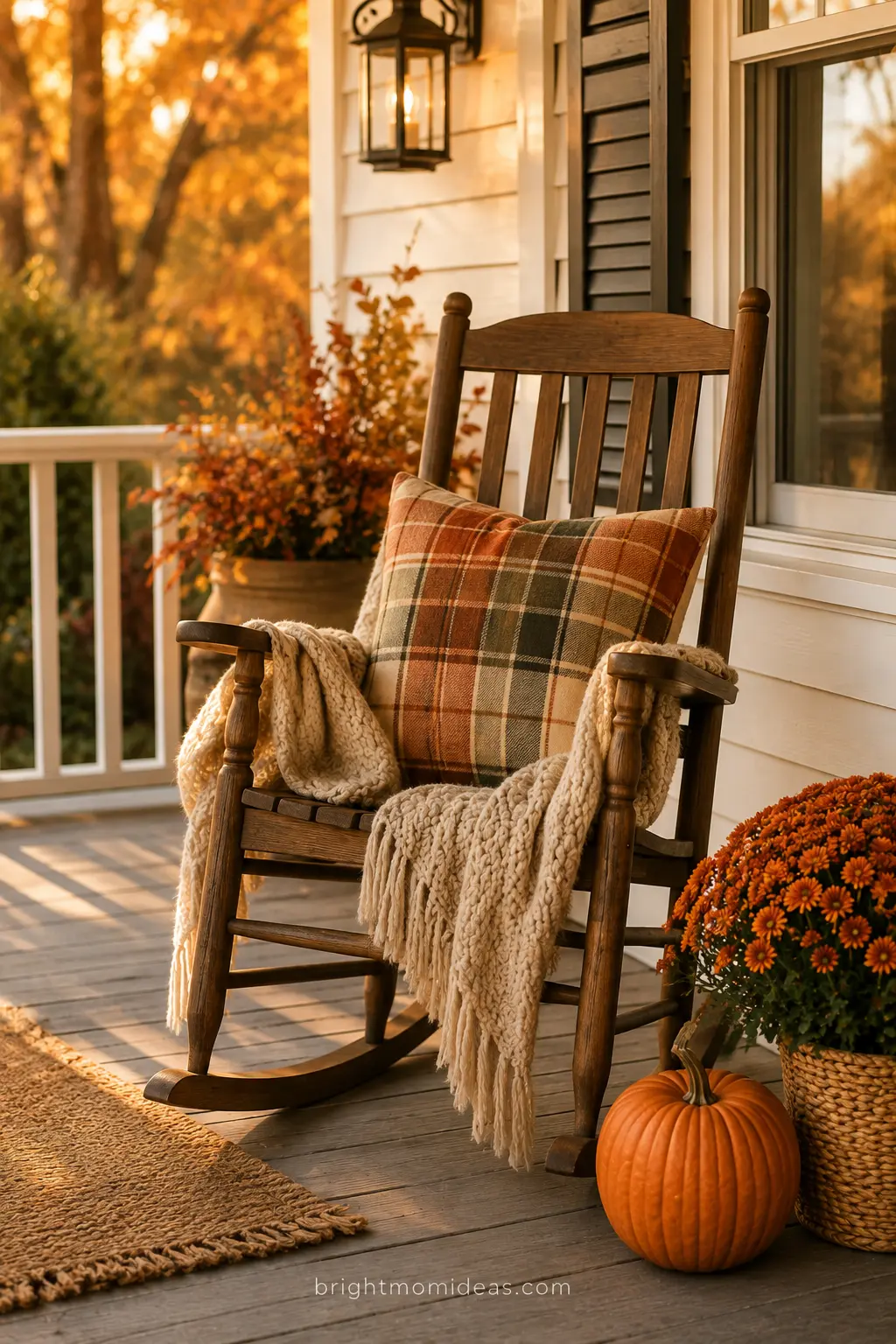 Porch rocking chair styled with plaid cushion and throw