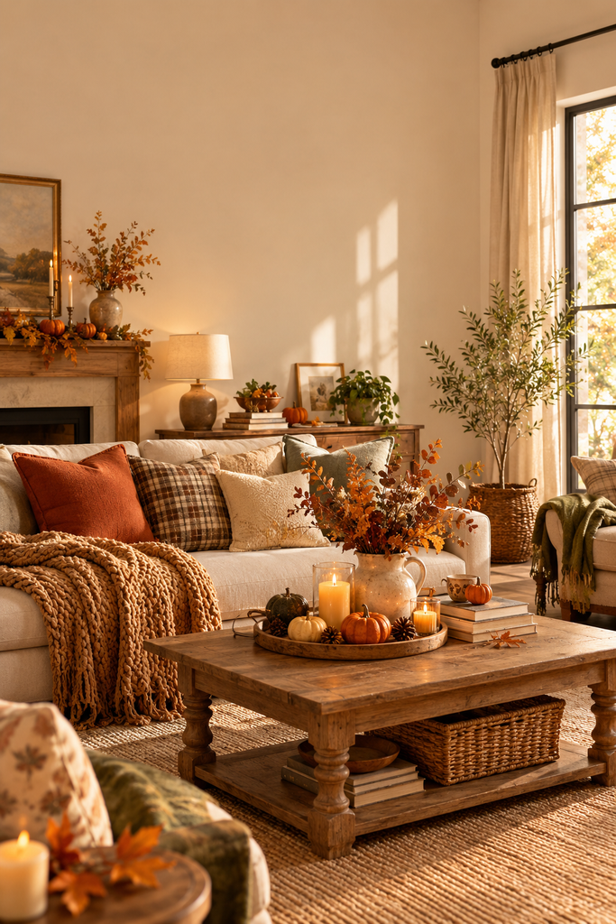 Cozy fall living room with autumn decor