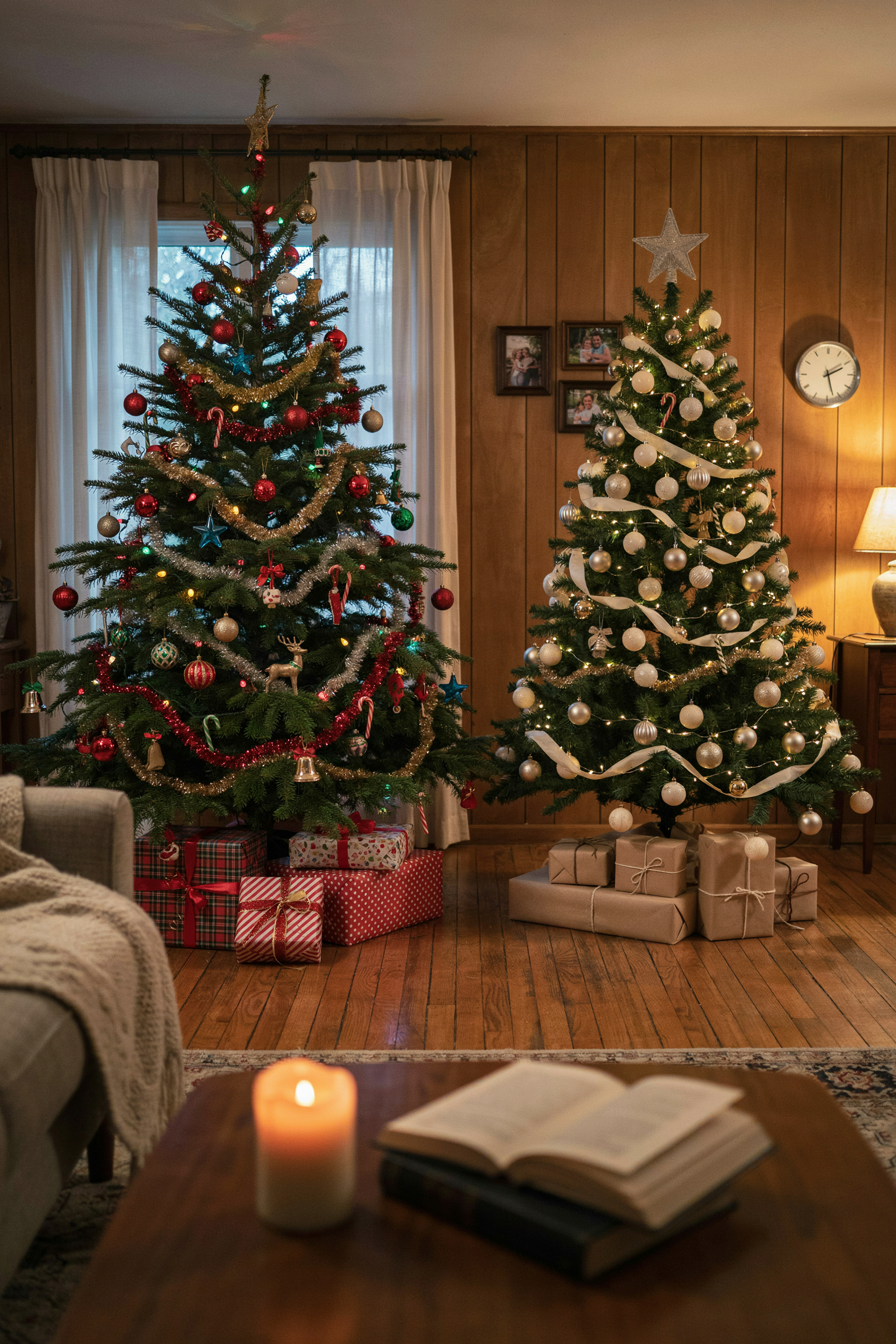 cluttered vs themed christmas tree comparison